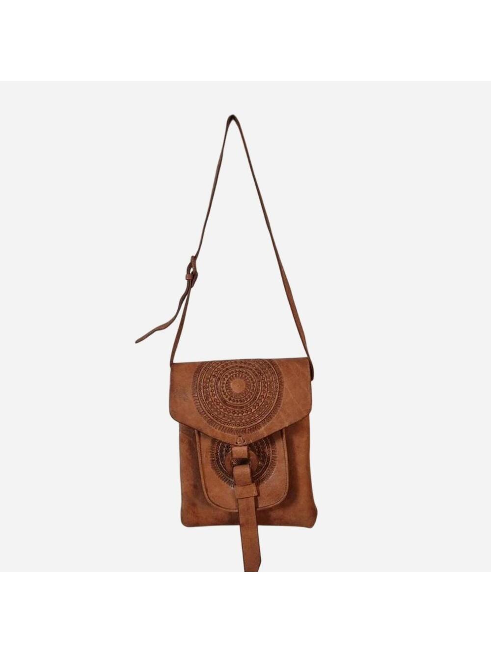 handmade leather Hippie Messenger bag with Tooled Mayan Sol design